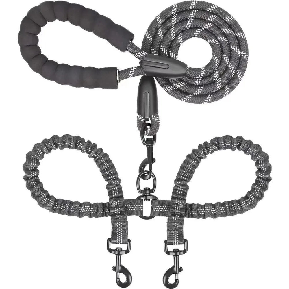 FlexiWalk™ Shock-Absorbing Double Dog Leash – Nylon, Stretchable, Anti-Winding for Comfortable Walks